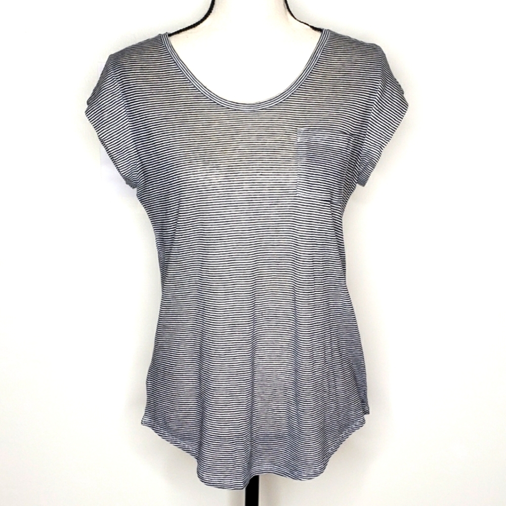 Loft Top Small Black White Stripe Linen Short Sleeve Shirttail Tee Pocket